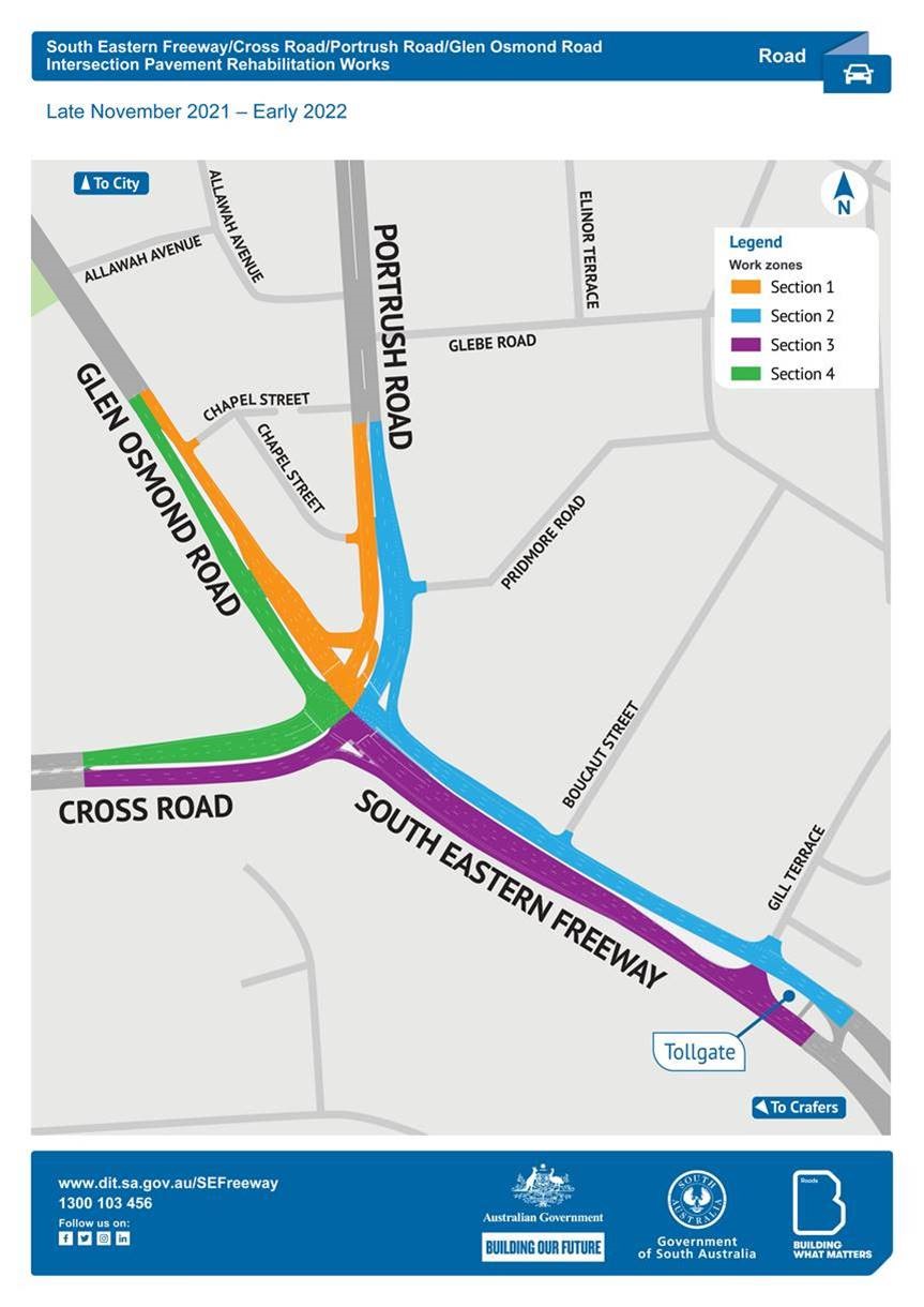 Map of the SE Freeway, Cross Road and Portrush Road intersection