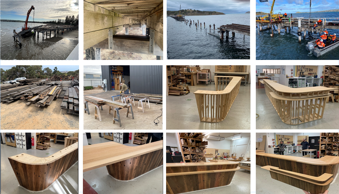 A series of images show the progession of the creation of the desk, from process from deconstruction of the jetty to woodworking, and finished product.