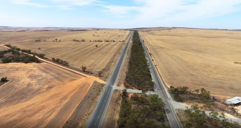 A birds-eye view of the Augusta Highway Duplication between Port Wakefield and Lochiel.