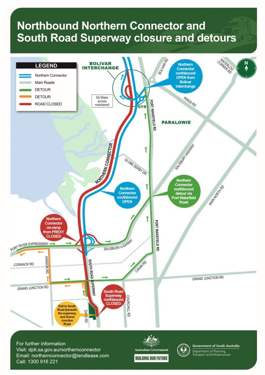 Northbound Northern Connector and South Road Superway closure and detours