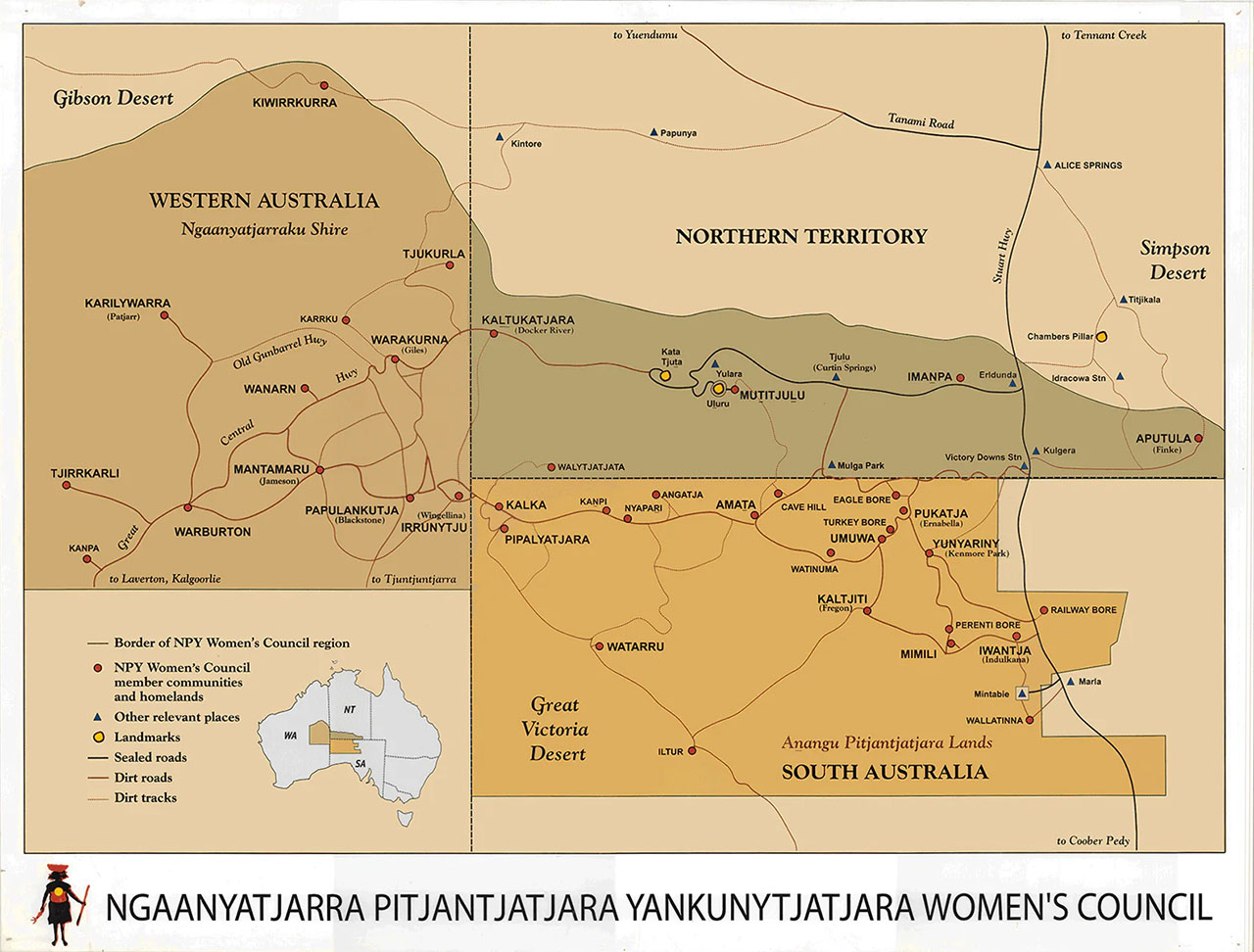 Map showing the NPY - Ngaanyatjarra Pitjantjatjara Yankunytjatjara Women's Council region across WA, SA, and NT.