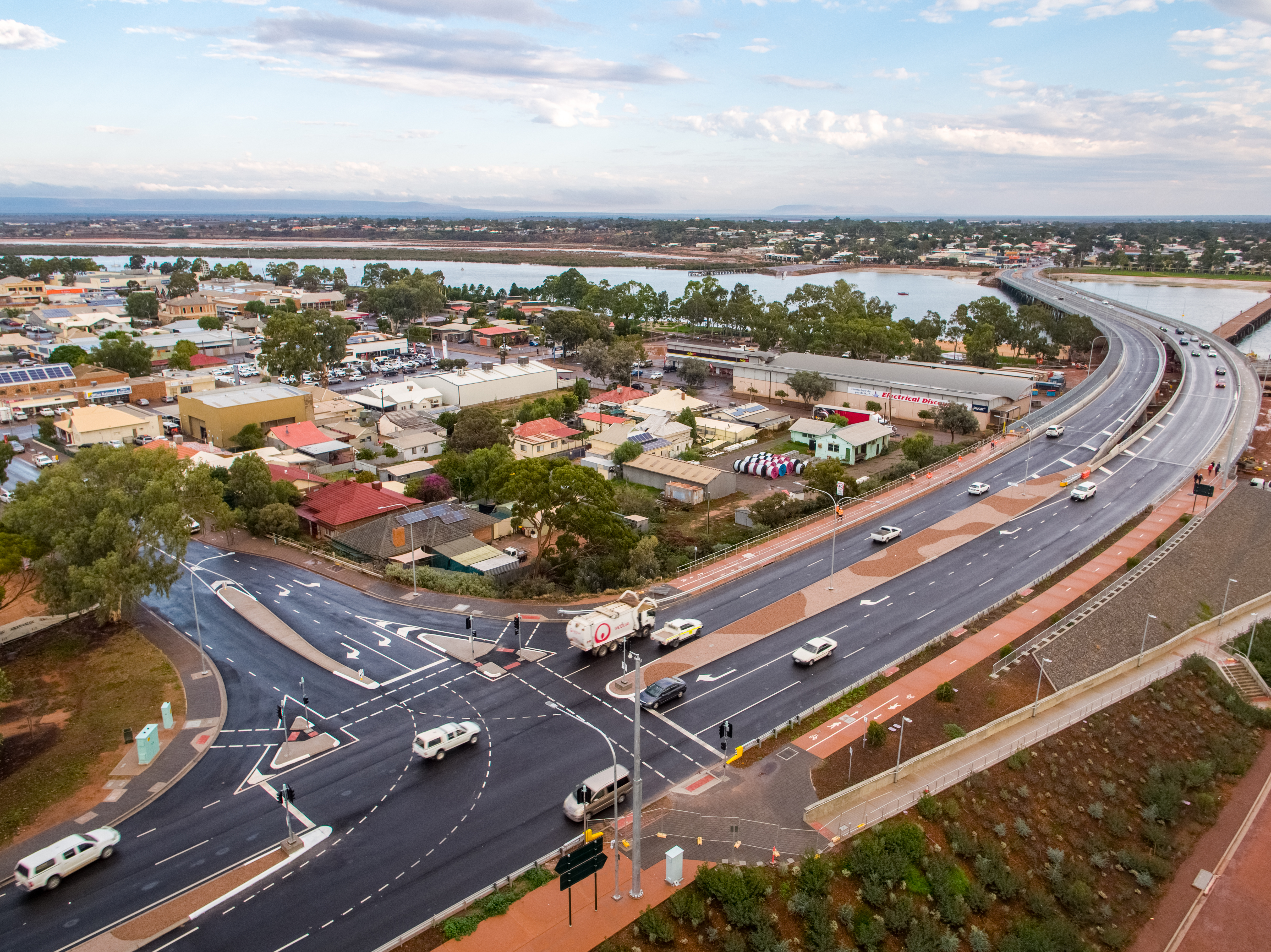 The intersection leading to the bridge