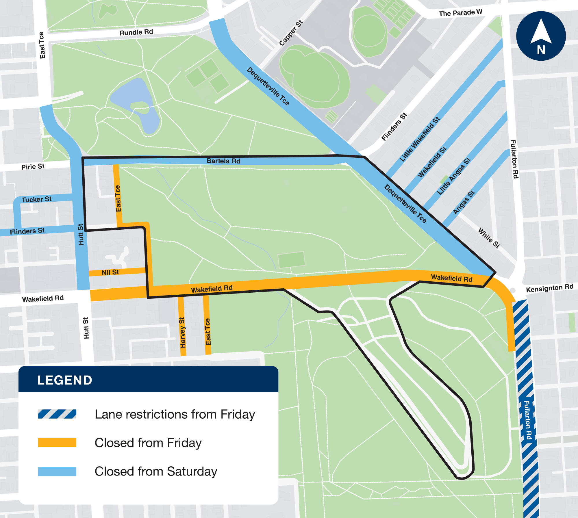 Map of roads impacted by VALO Adelaide 500 marked by orange and blue solid lines and blue stripes